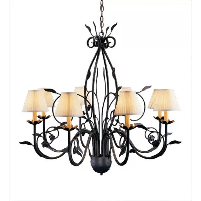 2nd Ave Lighting Bordeaux 36" 8-Light Cream Linen Pleated Shades Rustic Iron Chandelier