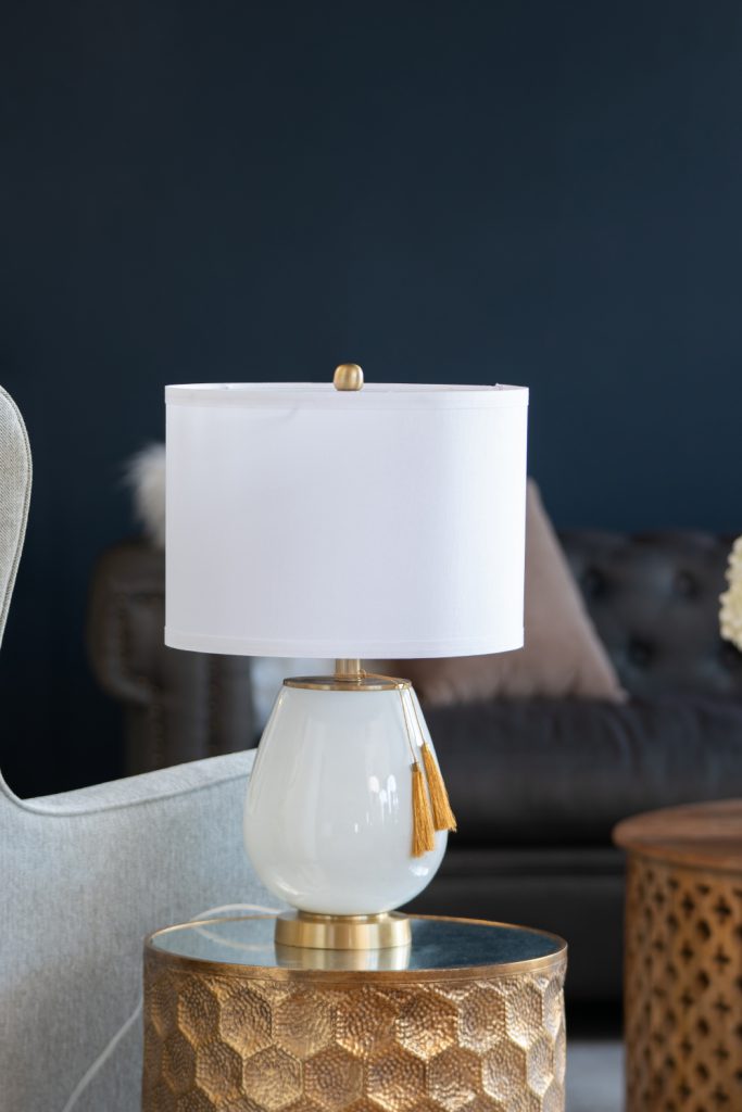 A&B Home 14" x 22" Bundle of 11 White and Gold Table Lamp with Drum-Shape Shade and Two Tassel Accents