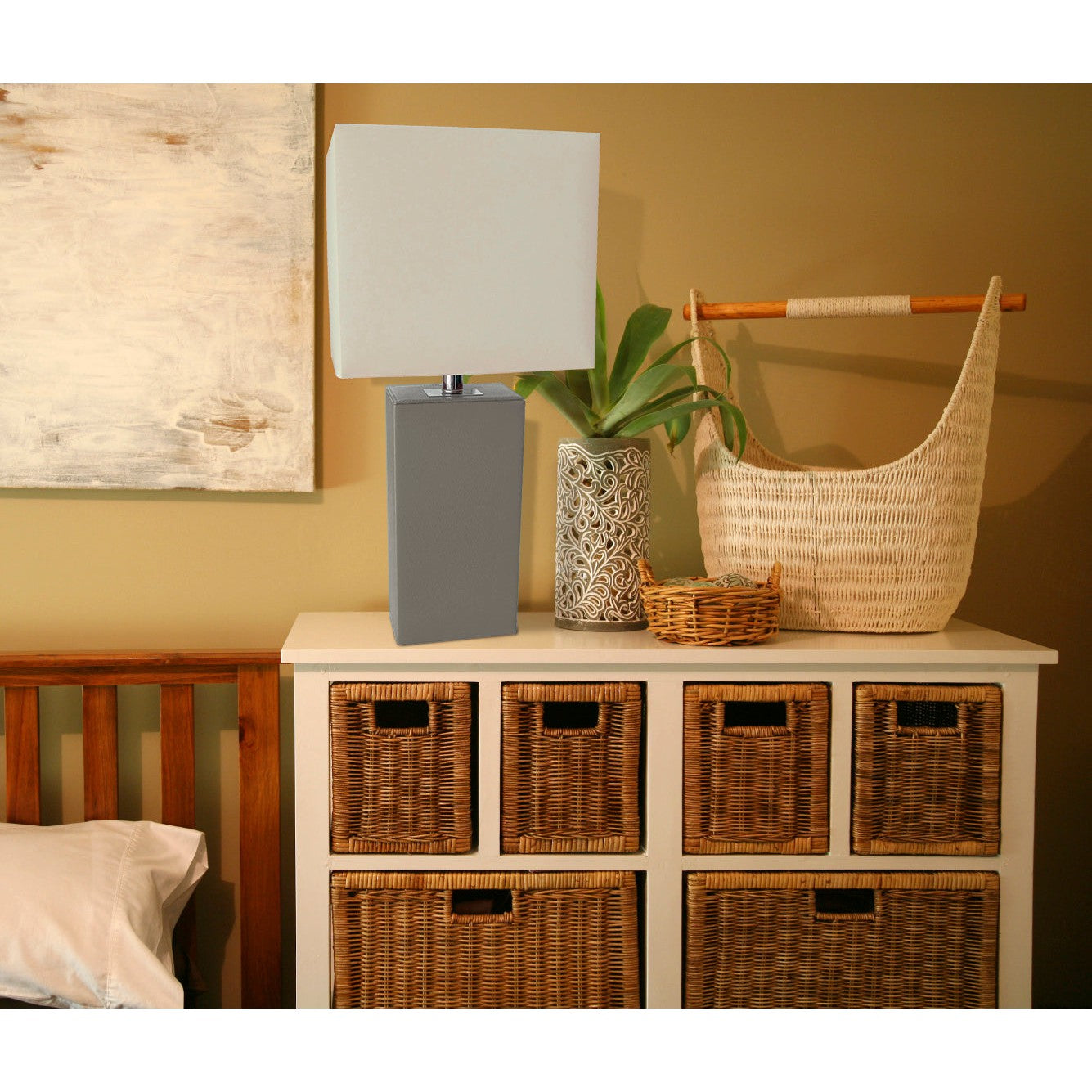 All The Rages Elegant Designs White Fabric Shade And Gray Finish Modern Leather Table Lamp