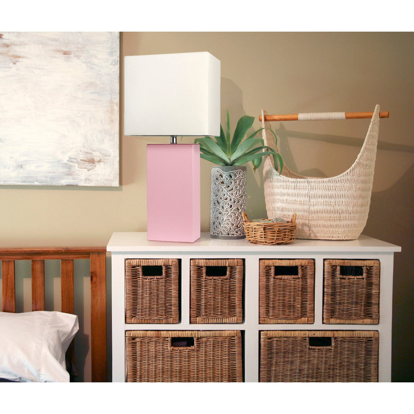All The Rages Elegant Designs White Fabric Shade And Pink Finish Modern Leather Table Lamp