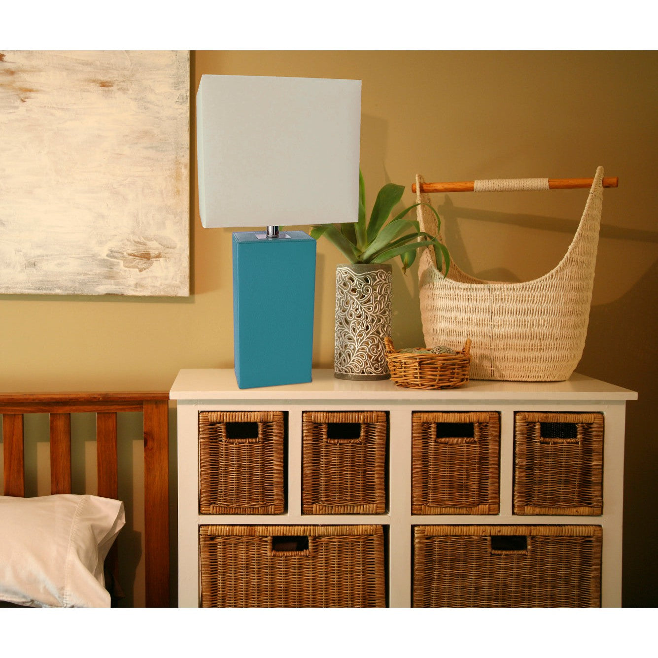 All The Rages Elegant Designs White Fabric Shade And Teal Finish Modern Leather Table Lamp