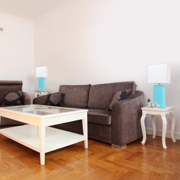 All The Rages Elegant Designs White Fabric Shades & Aqua Finish 2-Piece Modern Leather Table Lamps