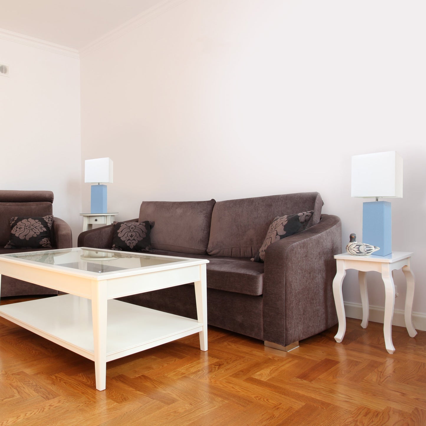 All The Rages Elegant Designs White Fabric Shades & Periwinkle Finish 2-Piece Modern Leather Table Lamps