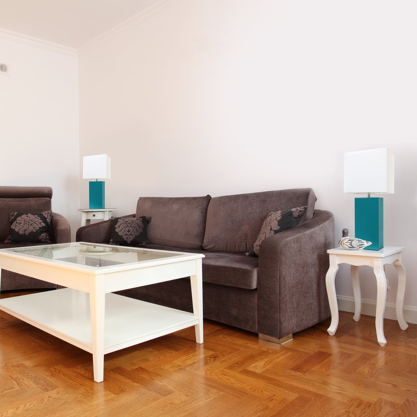 All The Rages Elegant Designs White Fabric Shades & Teal Finish 2-Piece Modern Leather Table Lamps