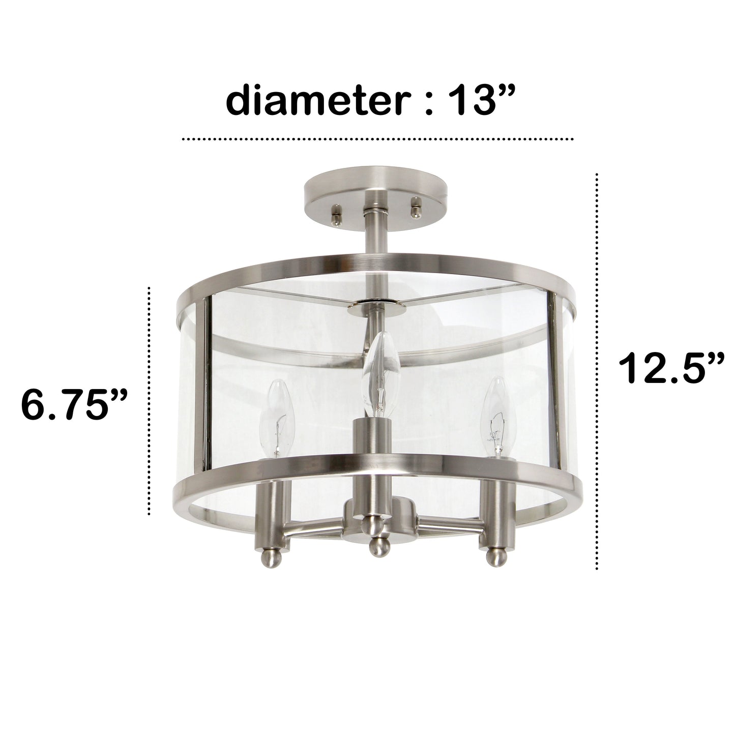 All The Rages Lalia Home 13" Brushed Nickel 3-Light Industrial Farmhouse Glass & Metallic Accented Semi-Flushmount