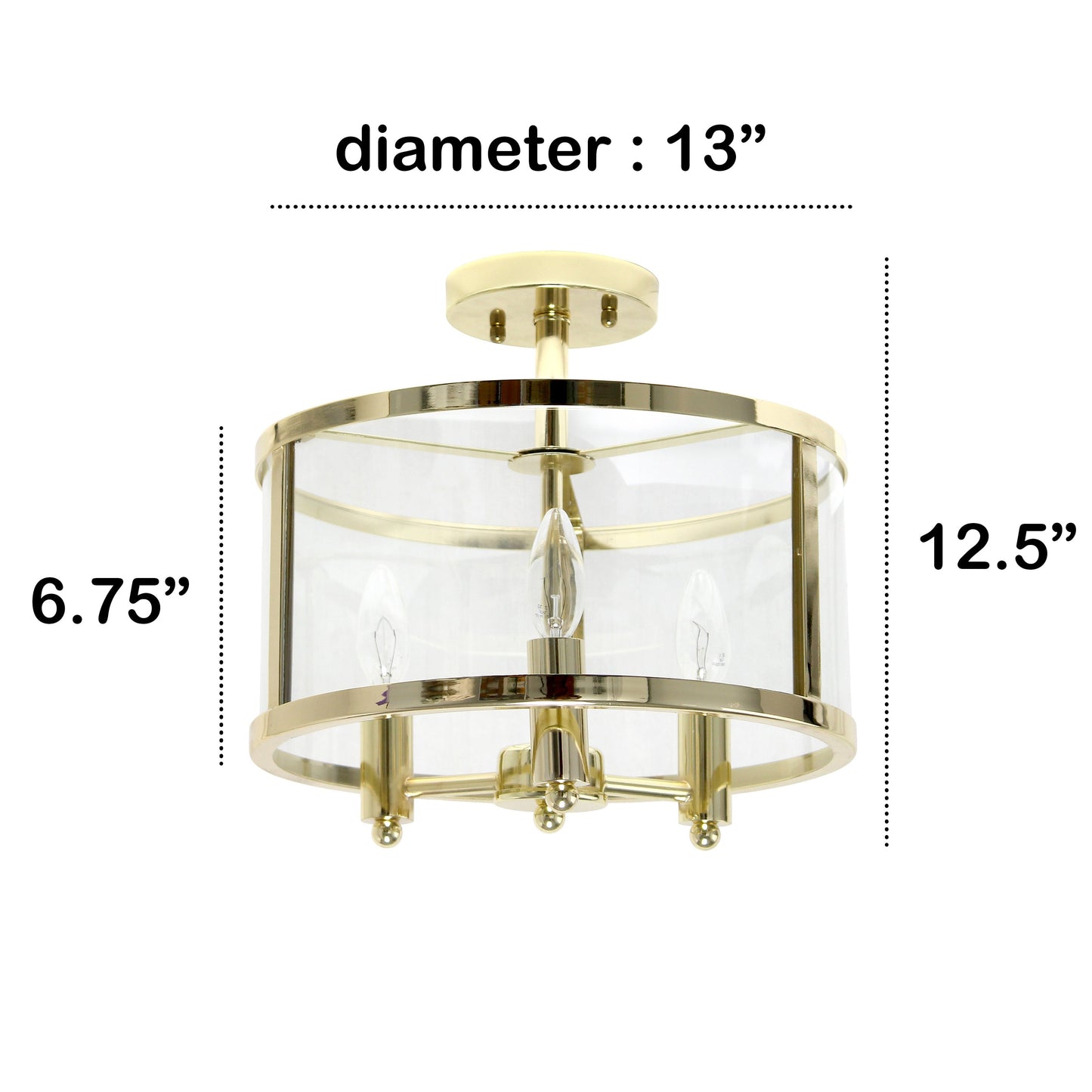 All The Rages Lalia Home 13" Gold 3-Light Industrial Farmhouse Glass & Metallic Accented Semi-Flushmount