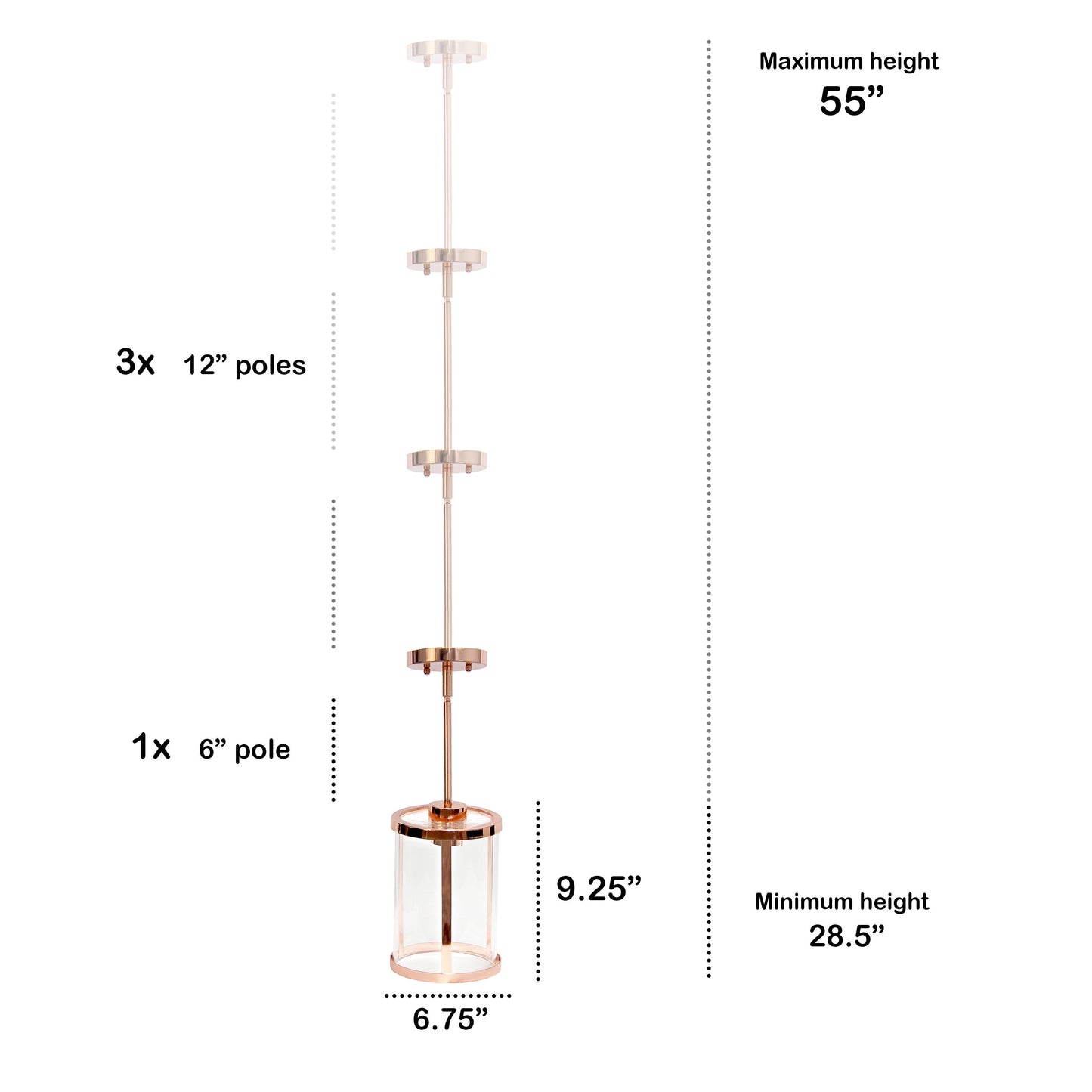 All The Rages Lalia Home 9" Rose Gold Farmhouse Adjustable Hanging Cylindrical Clear Glass Pendant With Metal Accents