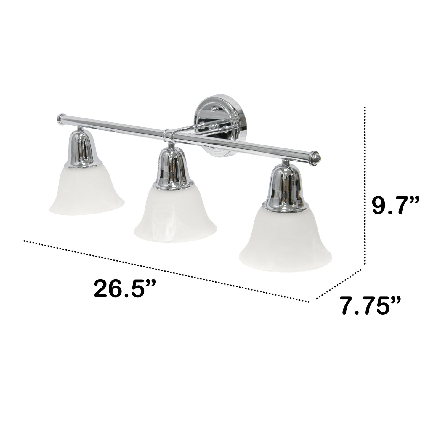 All The Rages Lalia Home Essentix Chrome 3-Light Vanity Light With Bell-Shaped Alabaster White Glass Shades