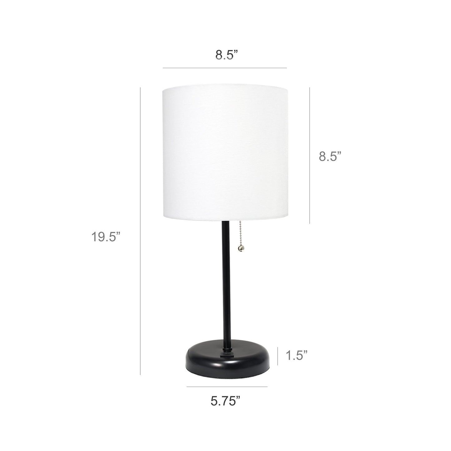 All The Rages LimeLights 2-Piece Black Stick Lamps With USB Charging Port & White Fabric Shades