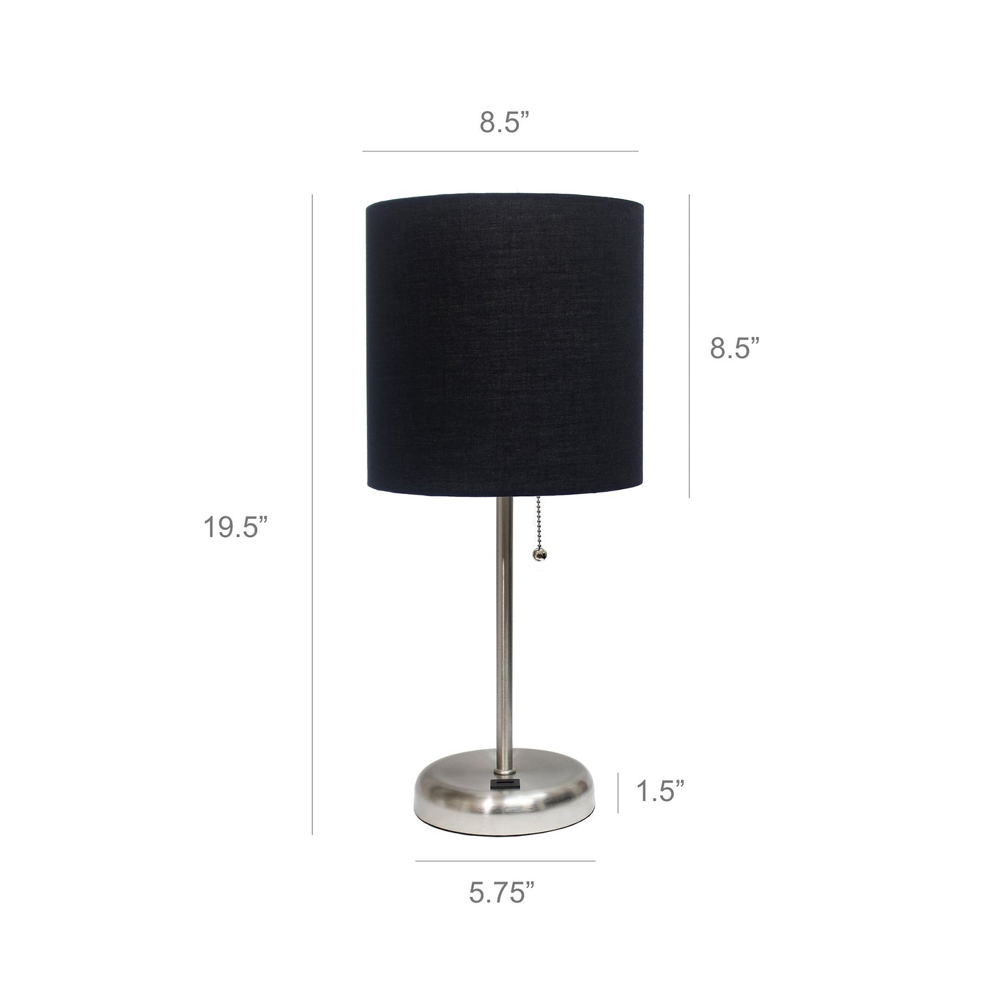 All The Rages LimeLights 2-Piece Brushed Steel Stick Lamps With USB Charging Port & Black Fabric Shades
