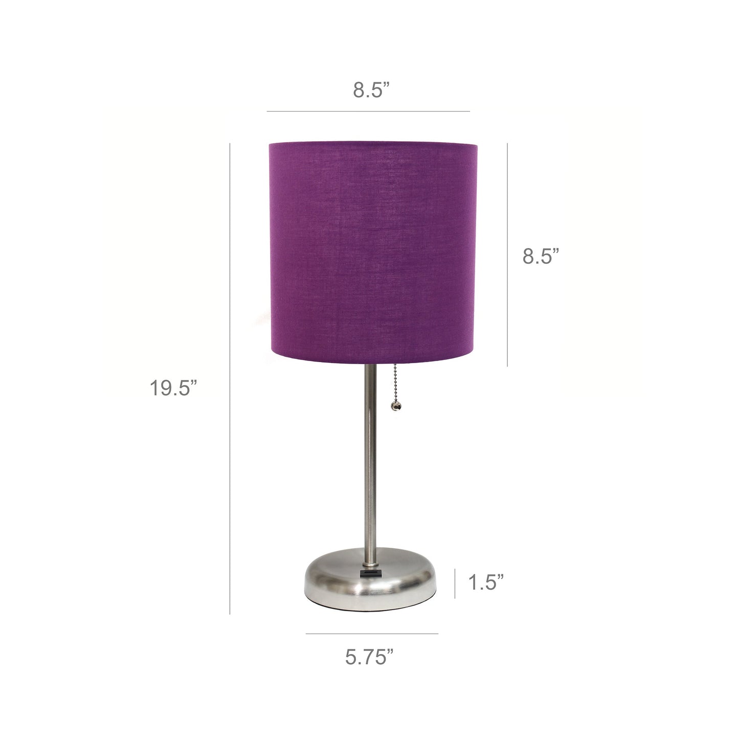 All The Rages LimeLights 2-Piece Brushed Steel Stick Lamps With USB Charging Port & Purple Fabric Shades