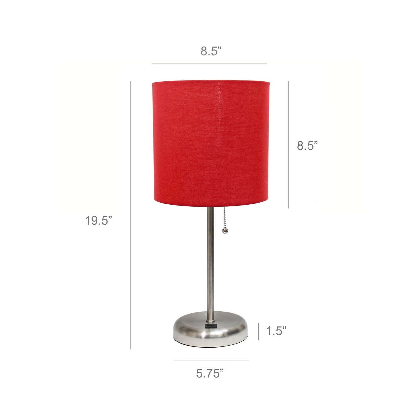 All The Rages LimeLights 2-Piece Brushed Steel Stick Lamps With USB Charging Port & Red Fabric Shades
