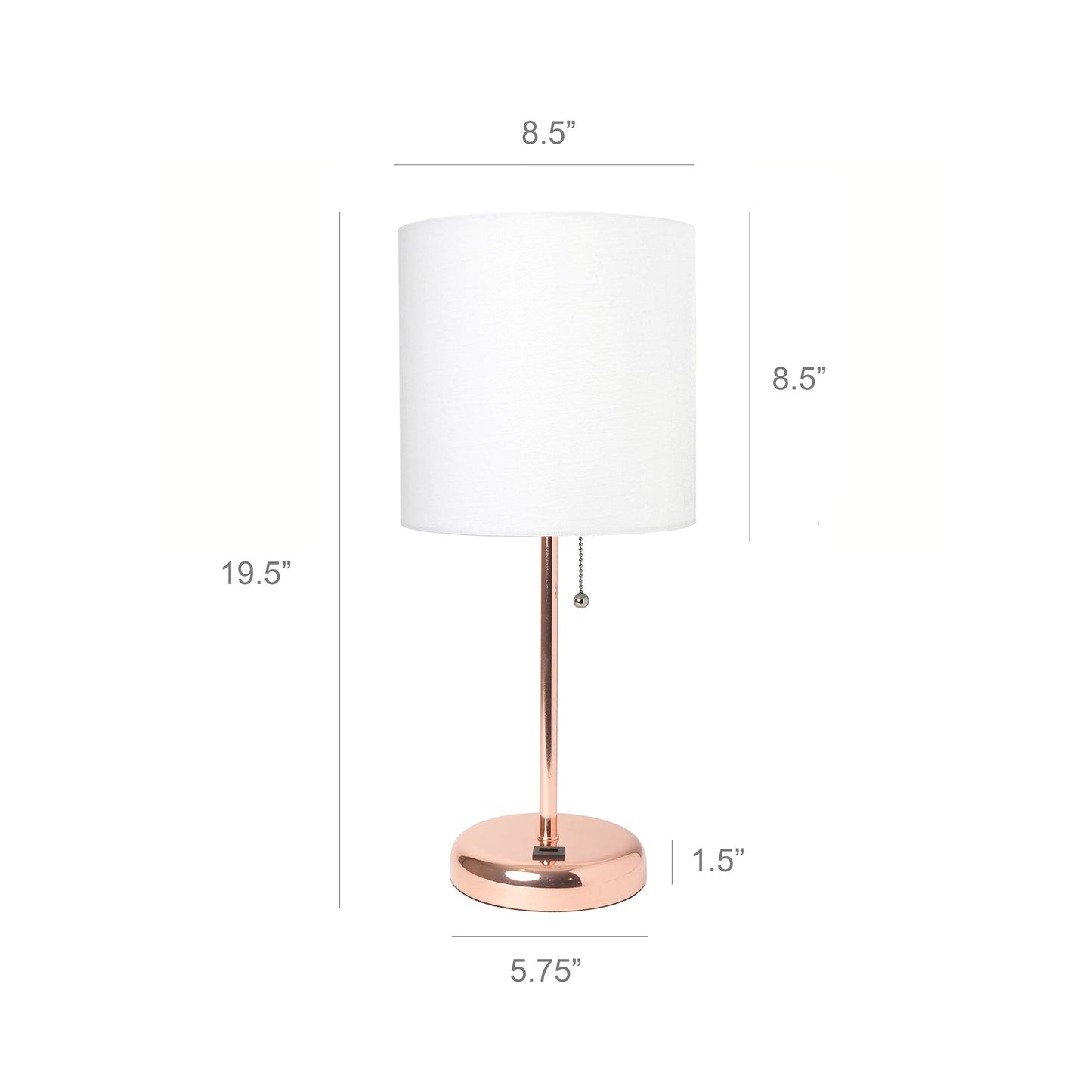 All The Rages LimeLights 2-Piece Rose Gold Stick Lamps With USB Charging Port & White Fabric Shades