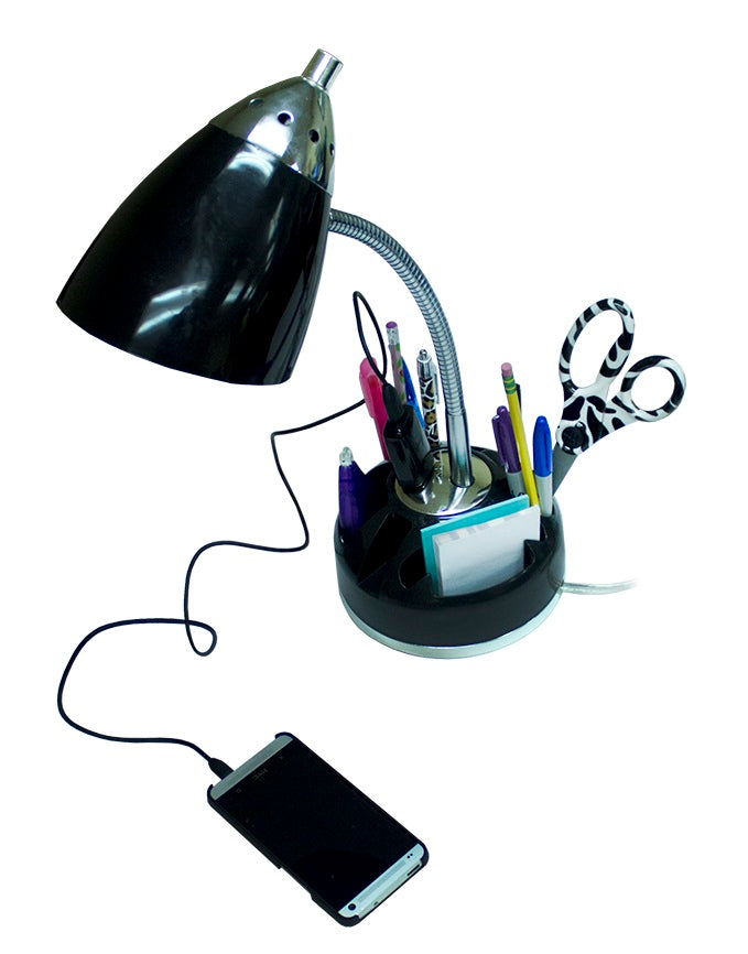All The Rages LimeLights Black Flossy Organizer Lazy Susan Base Desk Lamp With Charging Outlet