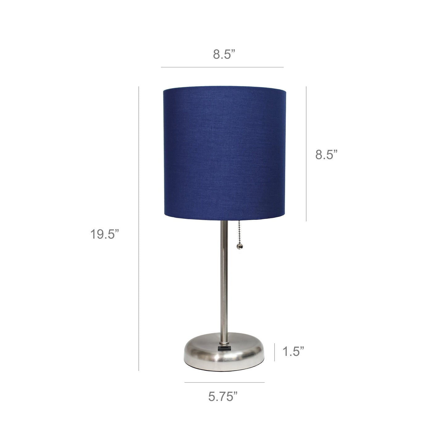 All The Rages LimeLights Brushed Steel Stick Lamp With Navy Blue Fabric Shade & USB Charging Port