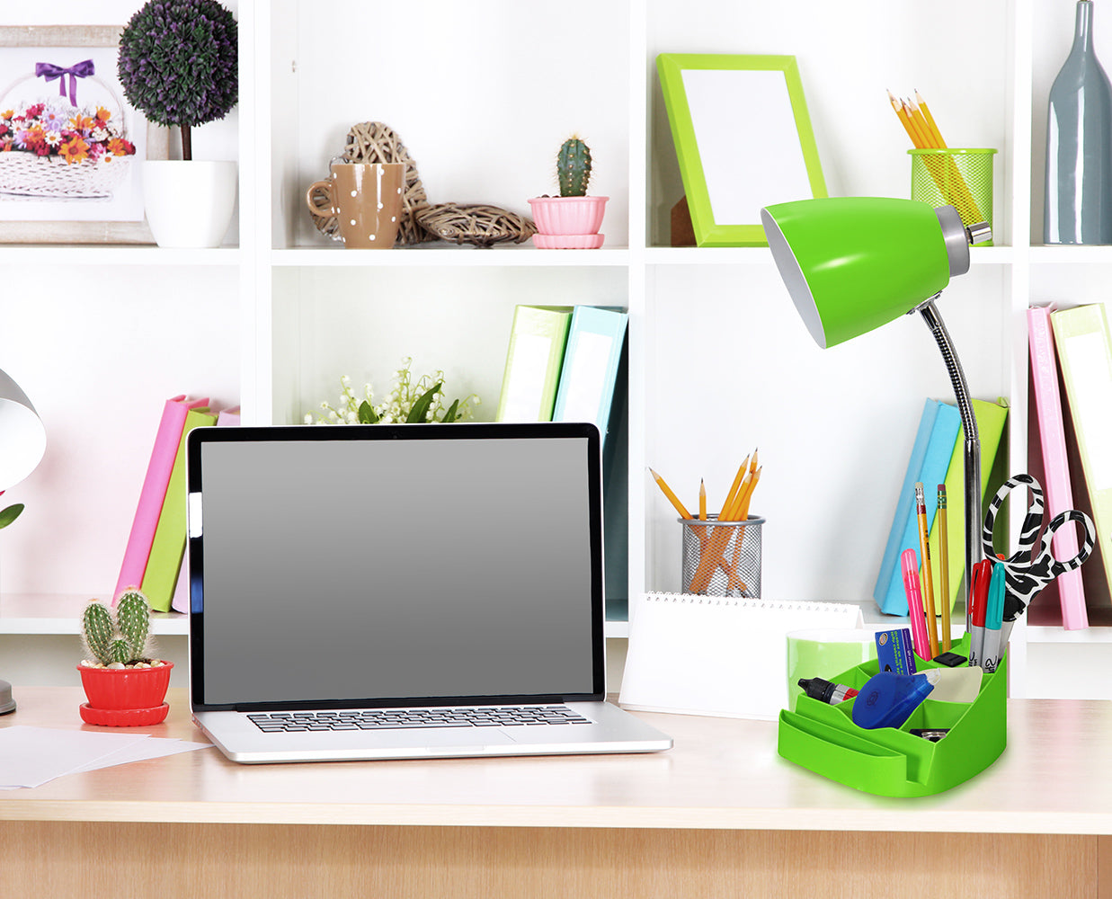 All The Rages Limelights Green Gooseneck Organizer Desk Lamp With iPad Tablet Stand Book Holder & Charging Outlet