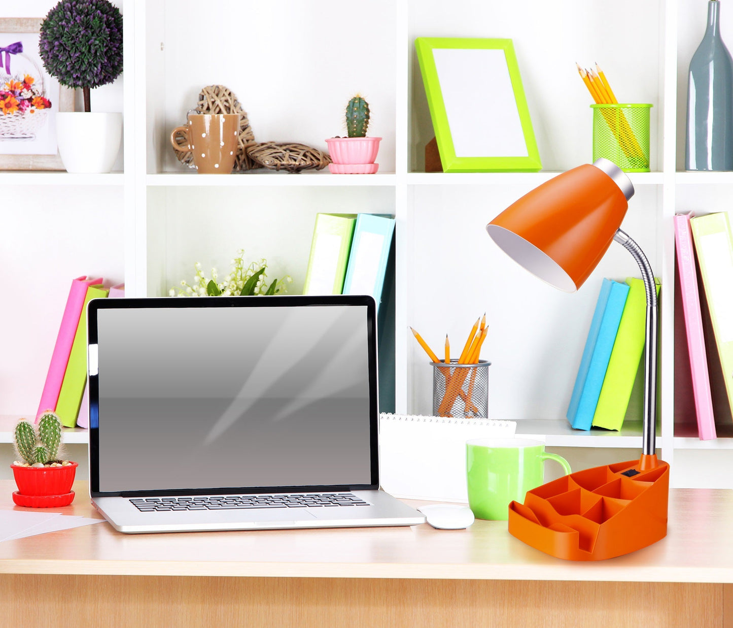 All The Rages Limelights Orange Gooseneck Organizer Desk Lamp With iPad Tablet Stand Book Holder