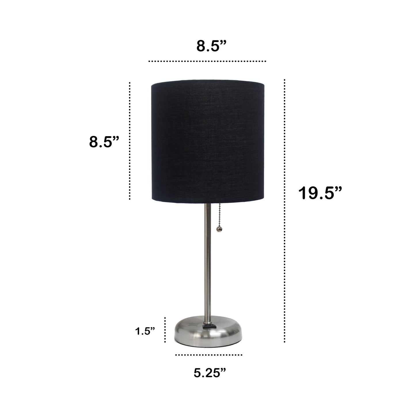 All The Rages Oslo 20" Brushed Steel Base Standard Table Lamp With Power Outlet & Black Fabric Shade