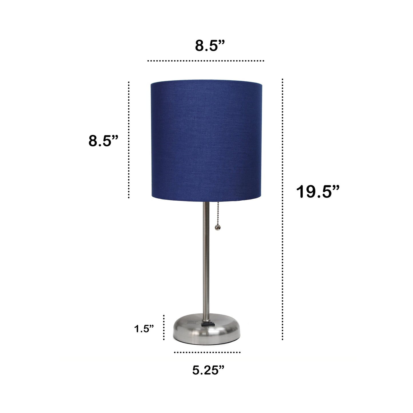 All The Rages Oslo 20" Brushed Steel Base Standard Table Lamp With Power Outlet & Navy Fabric Shade