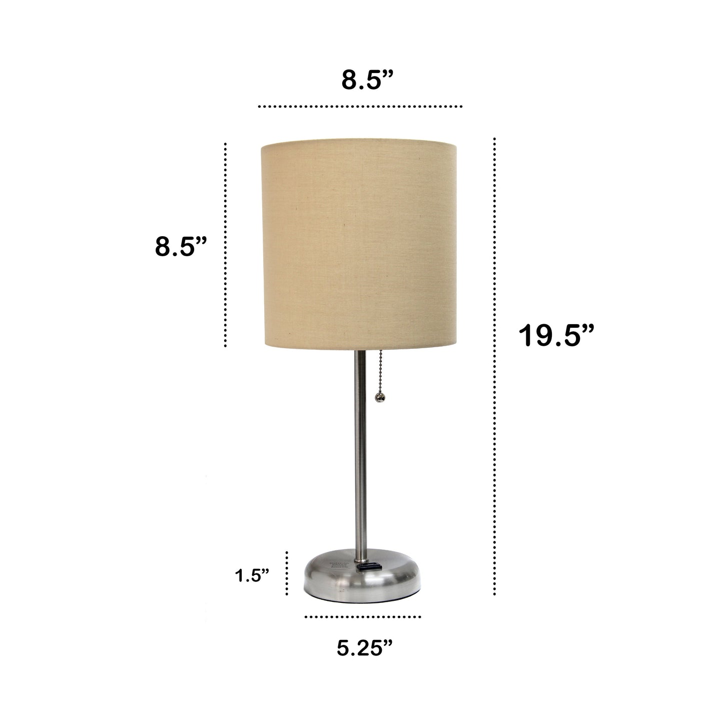All The Rages Oslo 20" Brushed Steel Base Standard Table Lamp With Power Outlet & Tan Fabric Shade