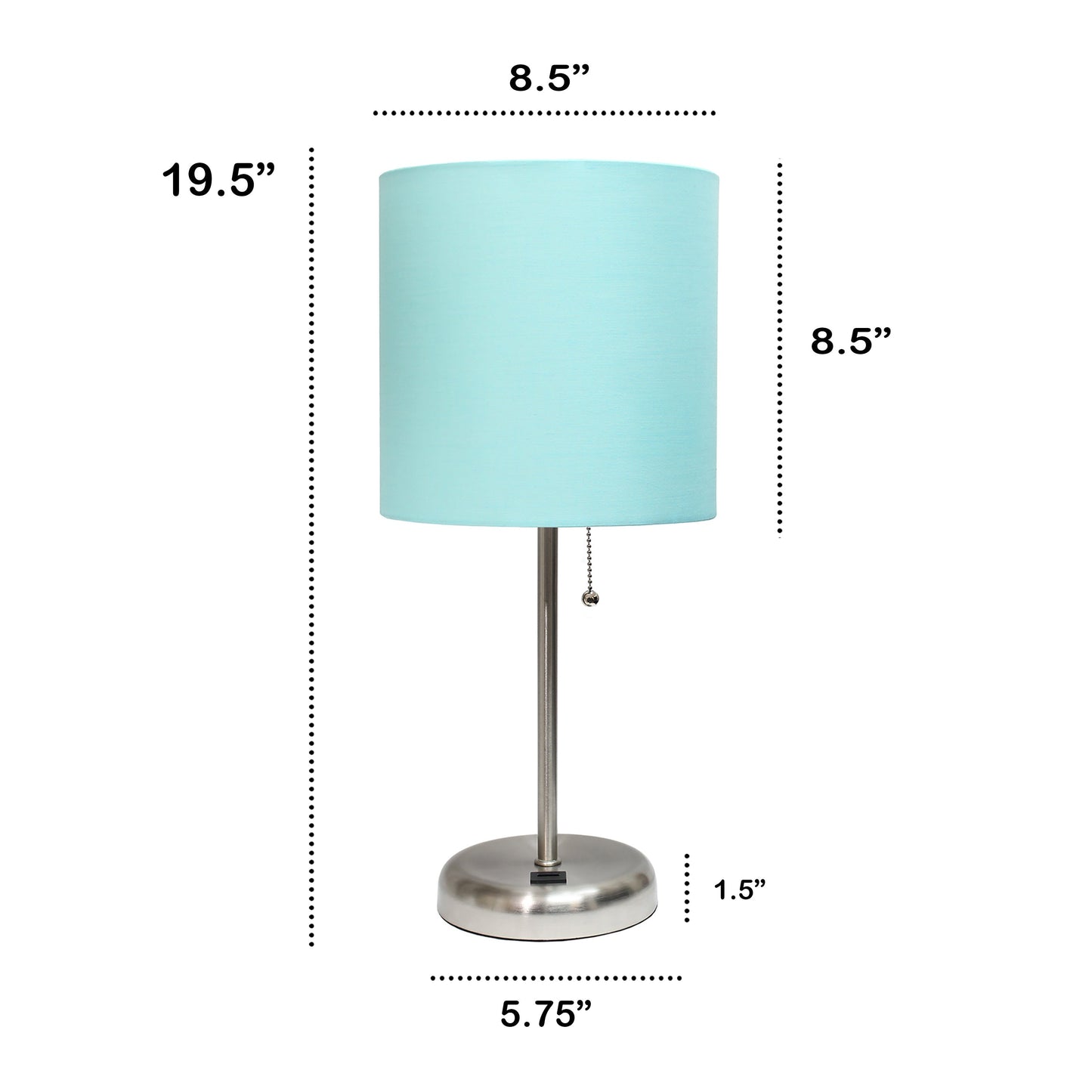 All The Rages Oslo 20" Brushed Steel Base Standard Table Lamp With USB Power Outlet & Aqua Fabric Shade