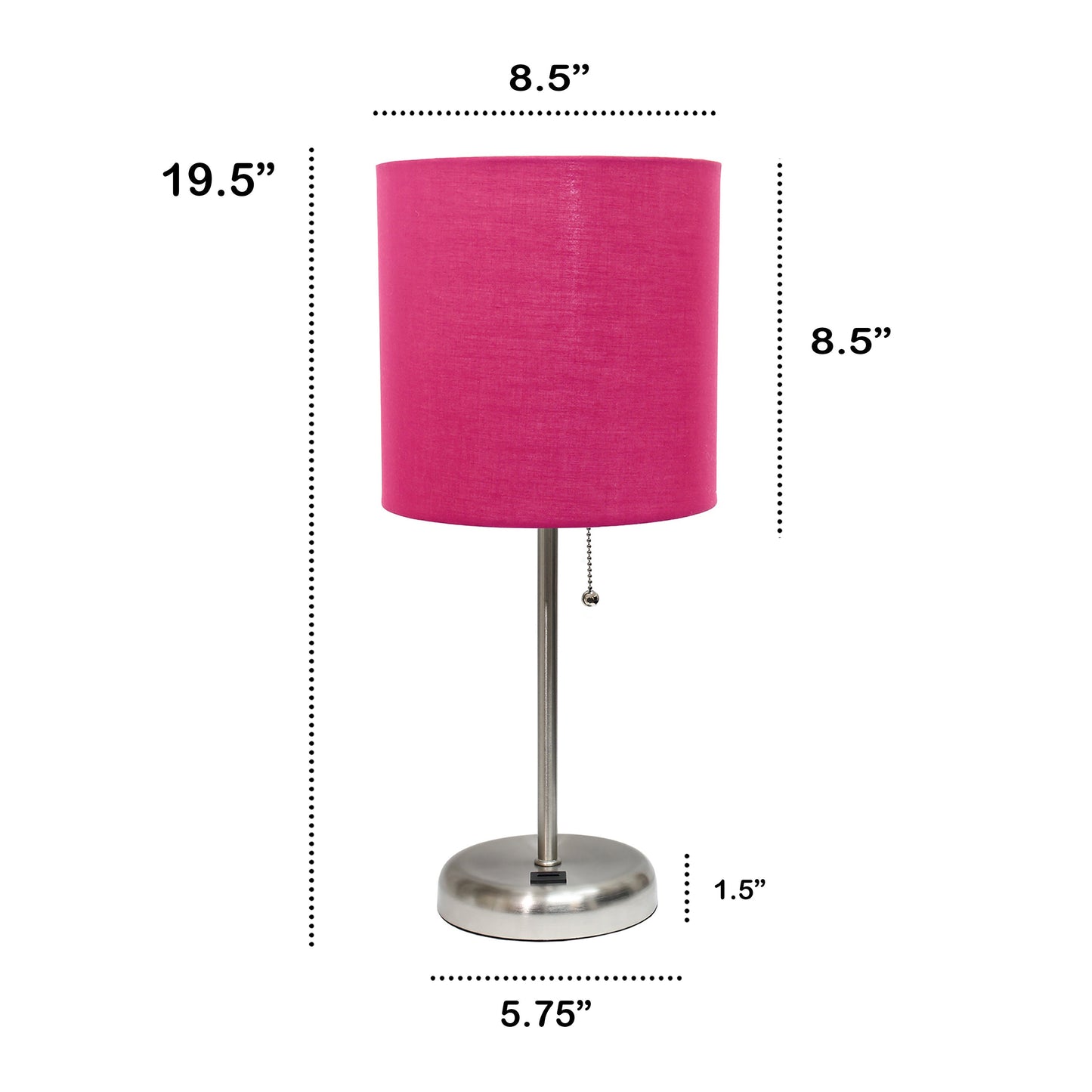 All The Rages Oslo 20" Brushed Steel Base Standard Table Lamp With USB Power Outlet & Pink Fabric Shade
