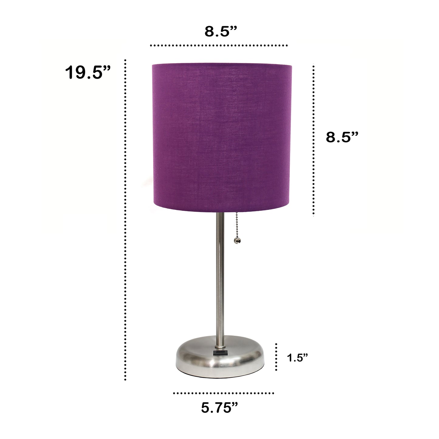 All The Rages Oslo 20" Brushed Steel Base Standard Table Lamp With USB Power Outlet & Purple Fabric Shade