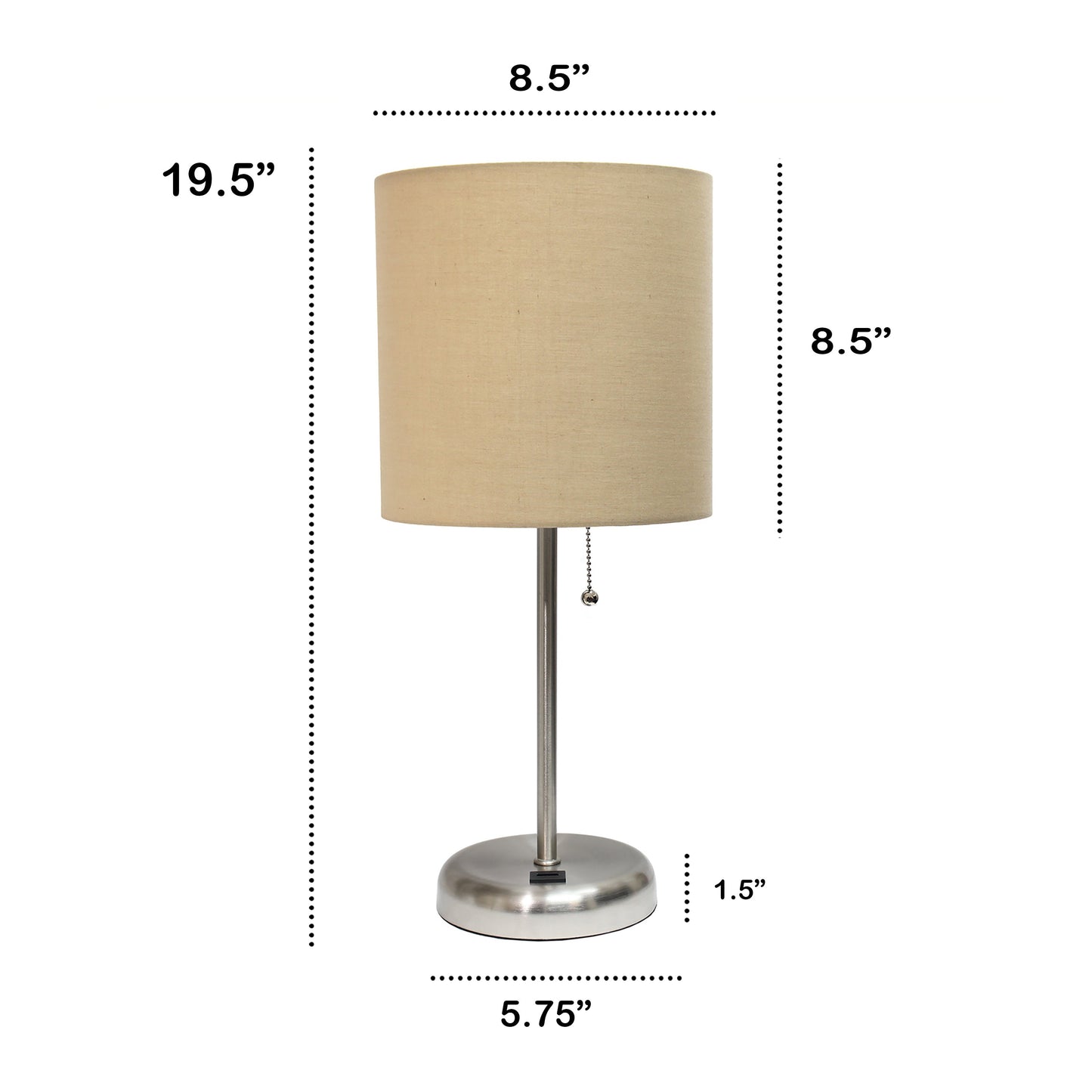 All The Rages Oslo 20" Brushed Steel Base Standard Table Lamp With USB Power Outlet & Tan Fabric Shade