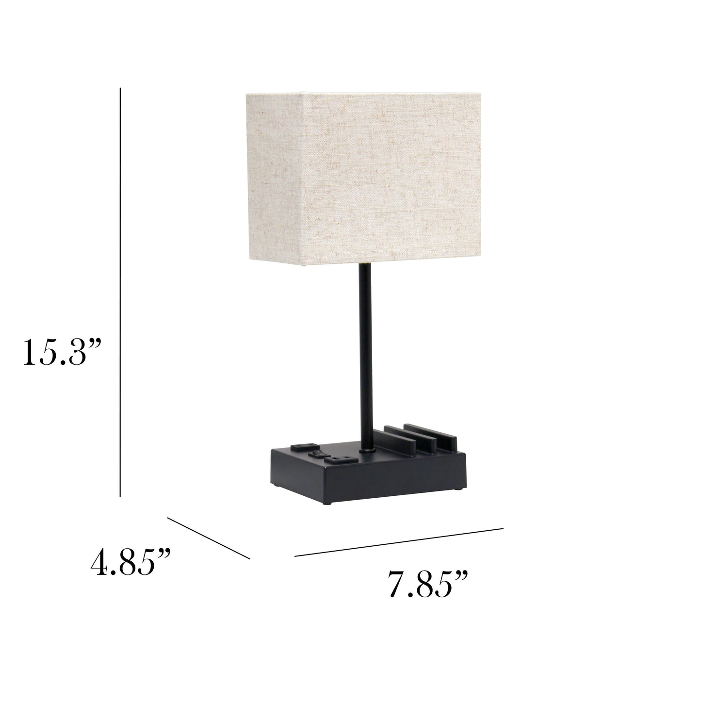 All The Rages Simple Designs Black 15" Multi-Use Table Lamp With 2 USB Ports & Charging Outlet With Beige Fabric Shade