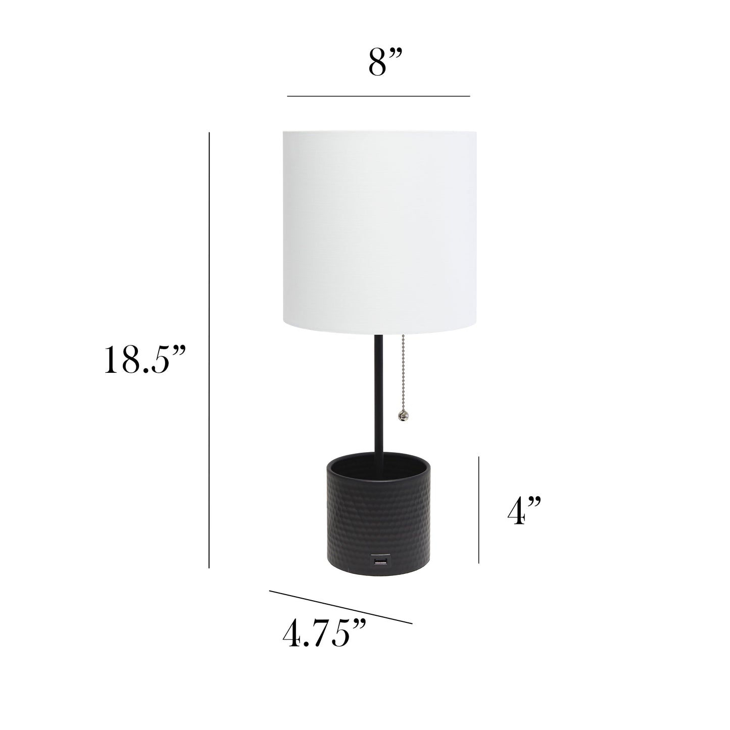 All The Rages Simple Designs Black Hammered Metal Organizer Table Lamp With USB Charging Port & Fabric Shade