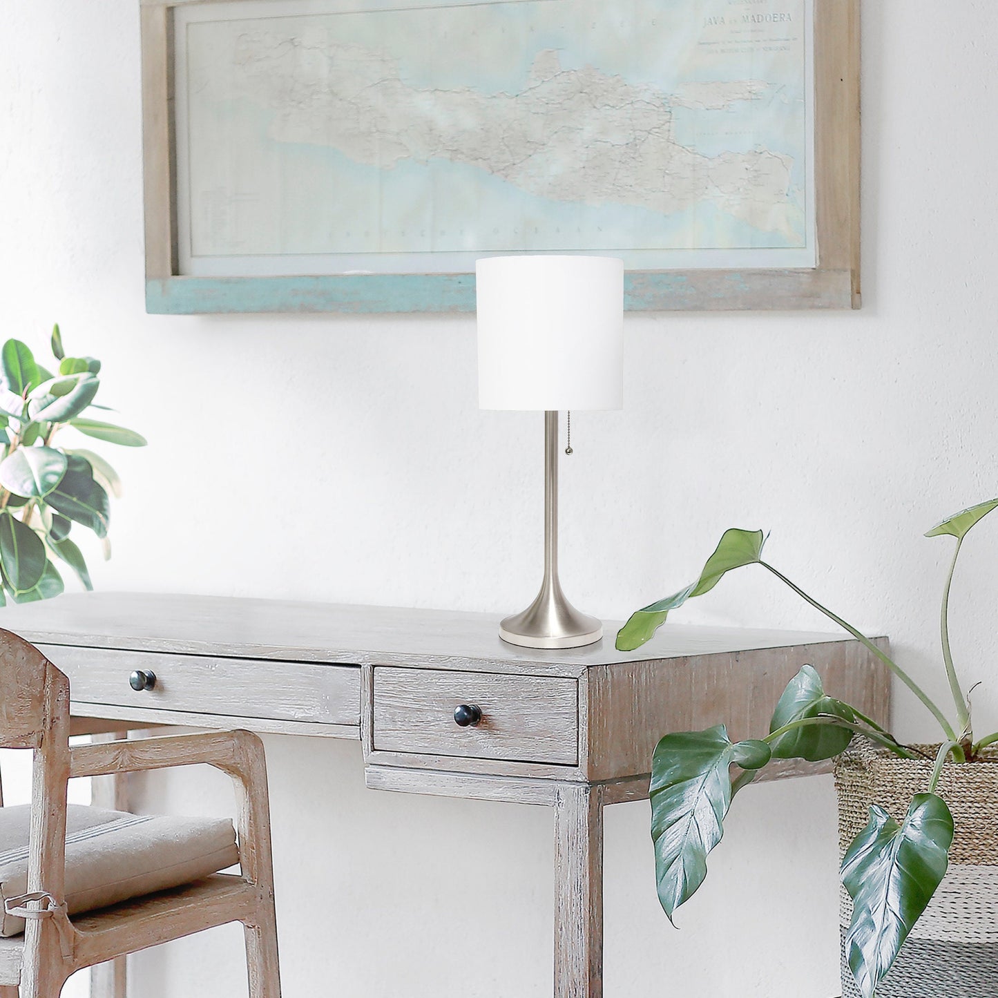 All The Rages Simple Designs Brushed Nickel And White Fabric Drum Shade Tapered Table Lamp