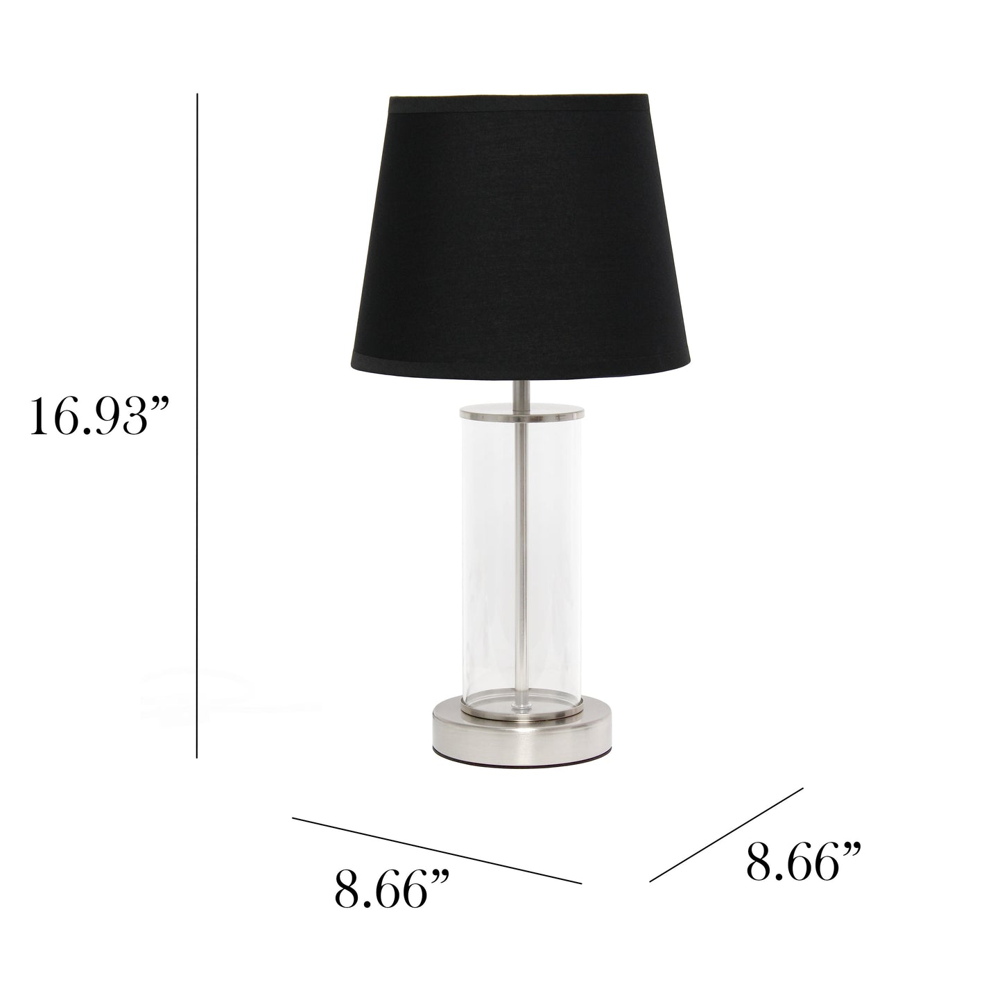 All The Rages Simple Designs Brushed Nickel & Black Encased Metal & Clear Glass Table Lamp