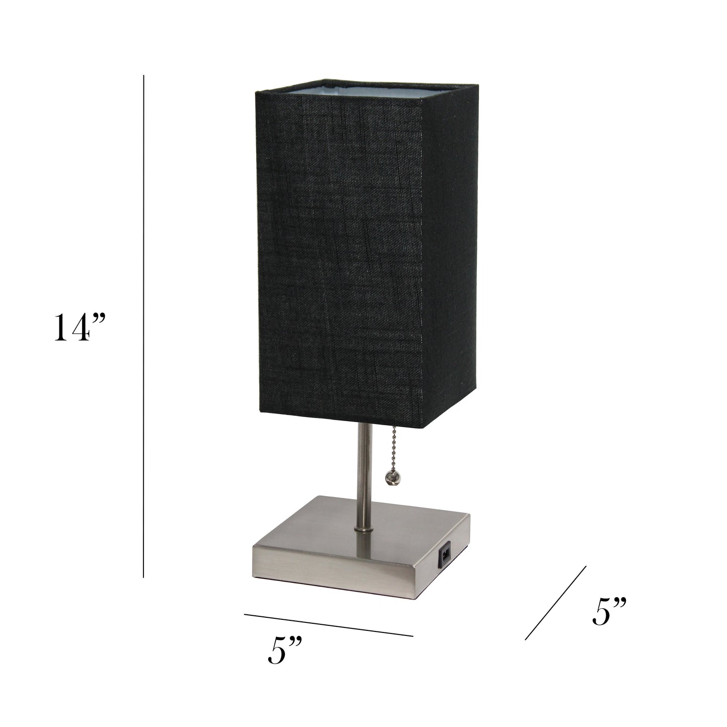 All The Rages Simple Designs Petite Brushed Nickel Stick Lamp With USB Charging Port & Black Fabric Shade