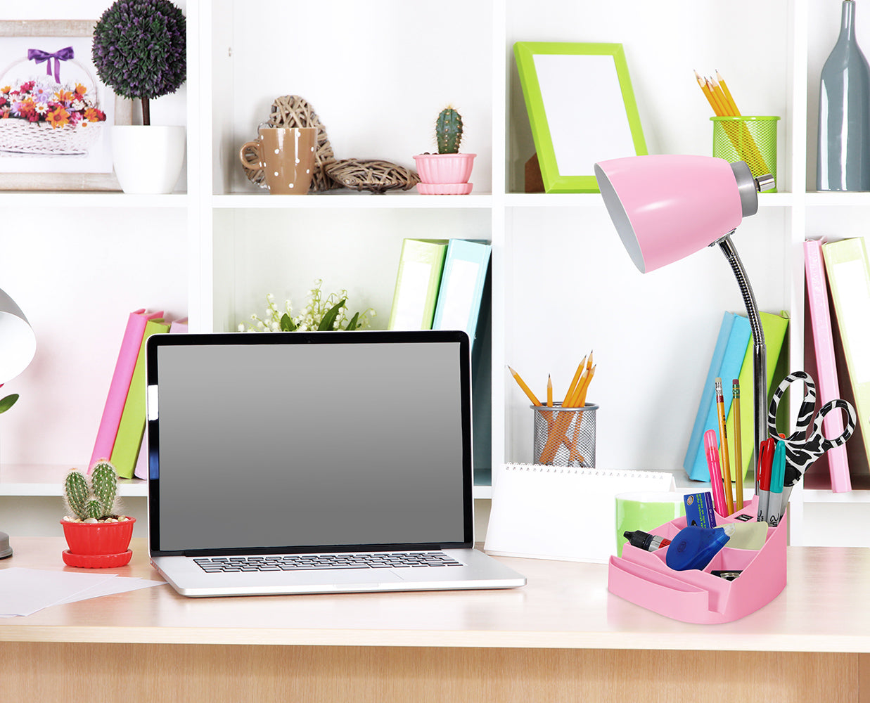 All The Rages Simple Designs Pink Semi-Flexible Desk Lamp With iPad Tablet Stand Book Holder & USB Charging Outlet