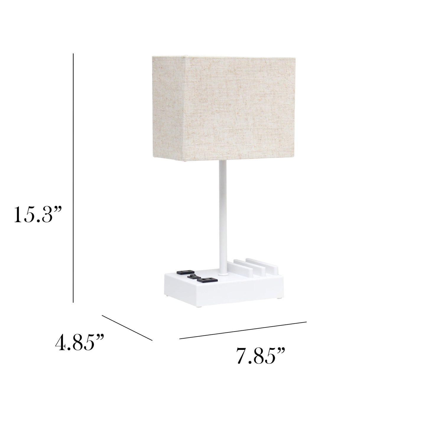 All The Rages Simple Designs White 15" Multi-Use Table Lamp With 2 USB Ports & Charging Outlet With Beige Fabric Shade