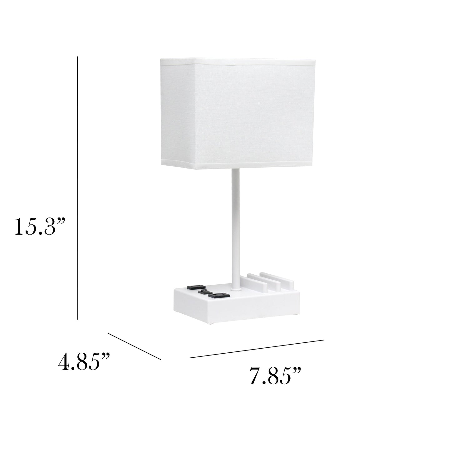 All The Rages Simple Designs White 15" Multi-Use Table Lamp With 2 USB Ports & Charging Outlet With White Fabric Shade
