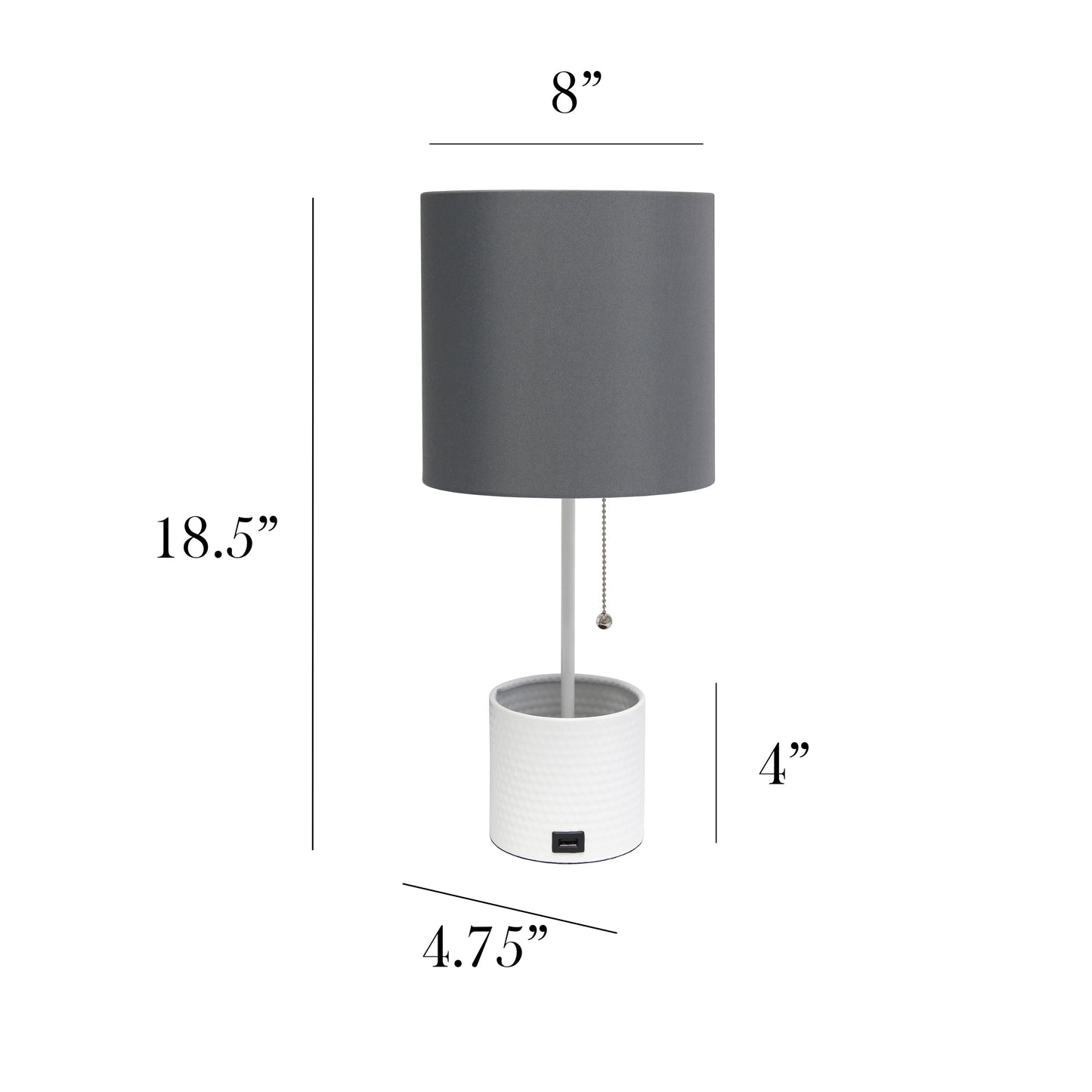 All The Rages Simple Designs White Hammered Metal Organizer Table Lamp With USB Charging Port & Gray Fabric Shade