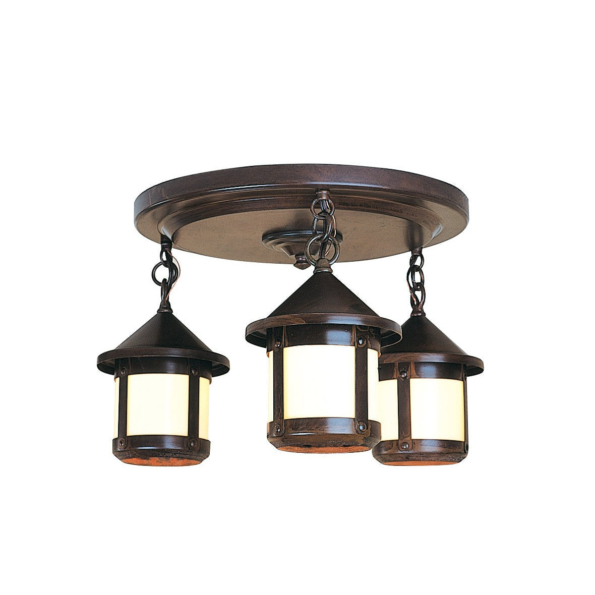 Arroyo Craftsman Berkeley 6" Rustic Brown Short Body 3-Light Ceiling Mount With Gold White Iridescent Glass Shade