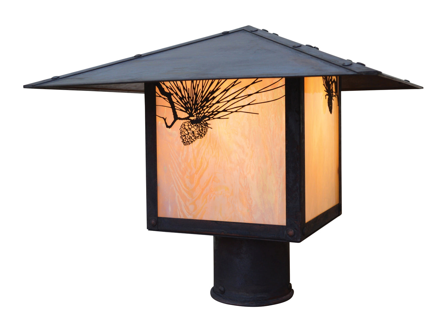Arroyo Craftsman Monterey 12" Mission Brown Post Mount With Rain Mist Glass and Cloud Lift Overlay