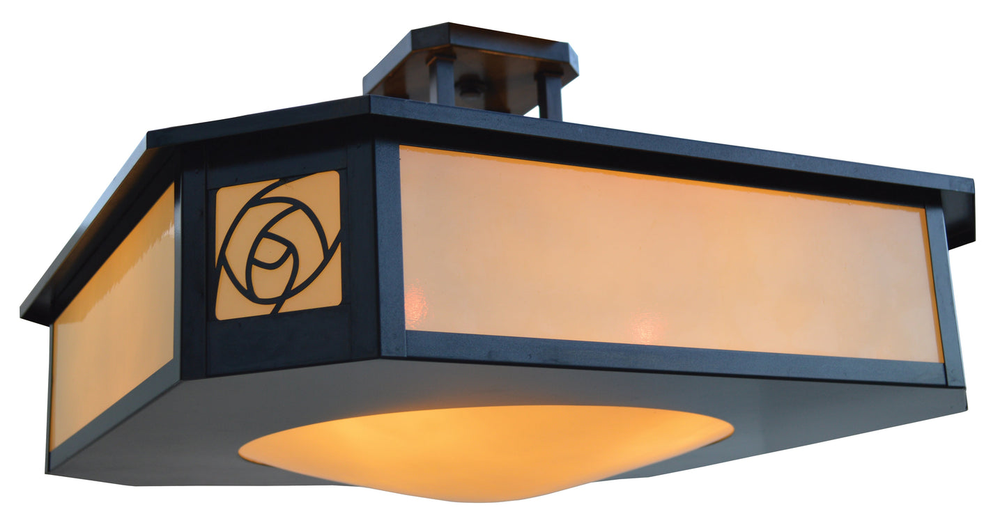 Arroyo Craftsman Saint Clair 21" Raw Copper Inverted Semi-Flush Ceiling Mount With Red and White Opalescent Combination Glass
