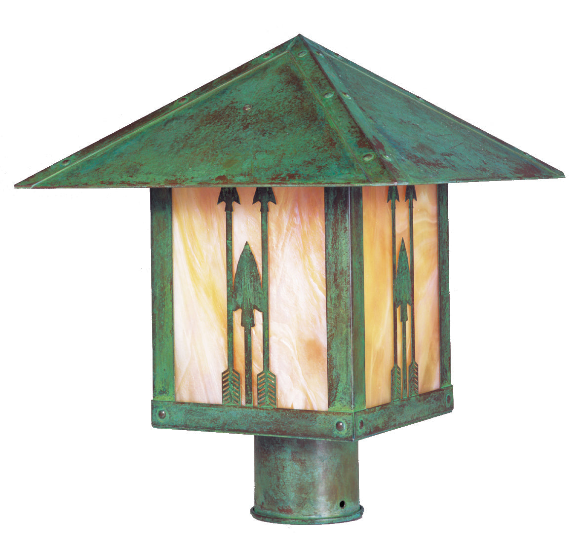 Arroyo Craftsman Timber Ridge 12" Pewter Post Mount With Rain Mist Glass and Arrow Filigree Overlay
