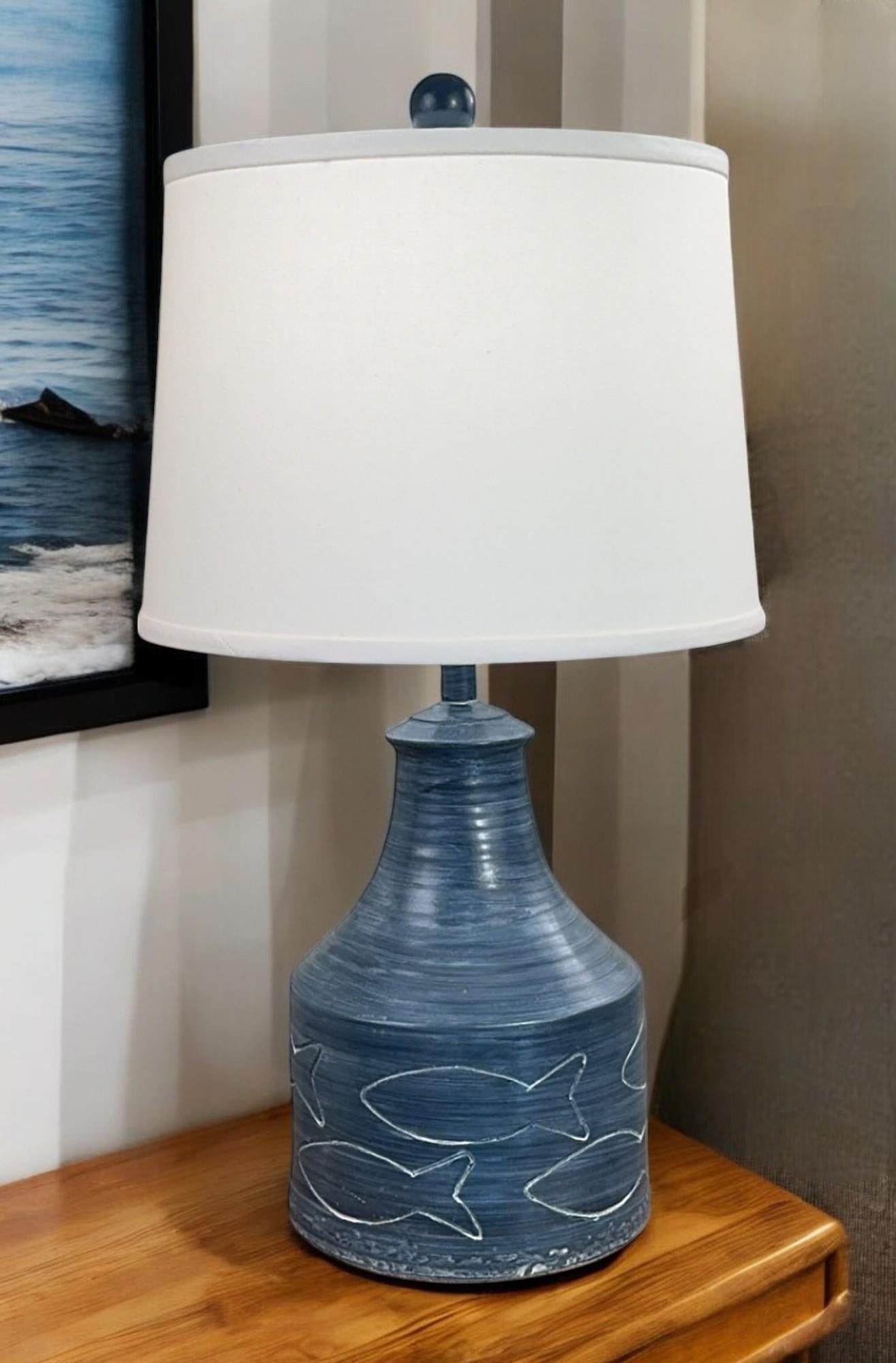 Coast Lamp Manufacturing 25" Navy White Washed Wide Clay Jug With Etched Fish