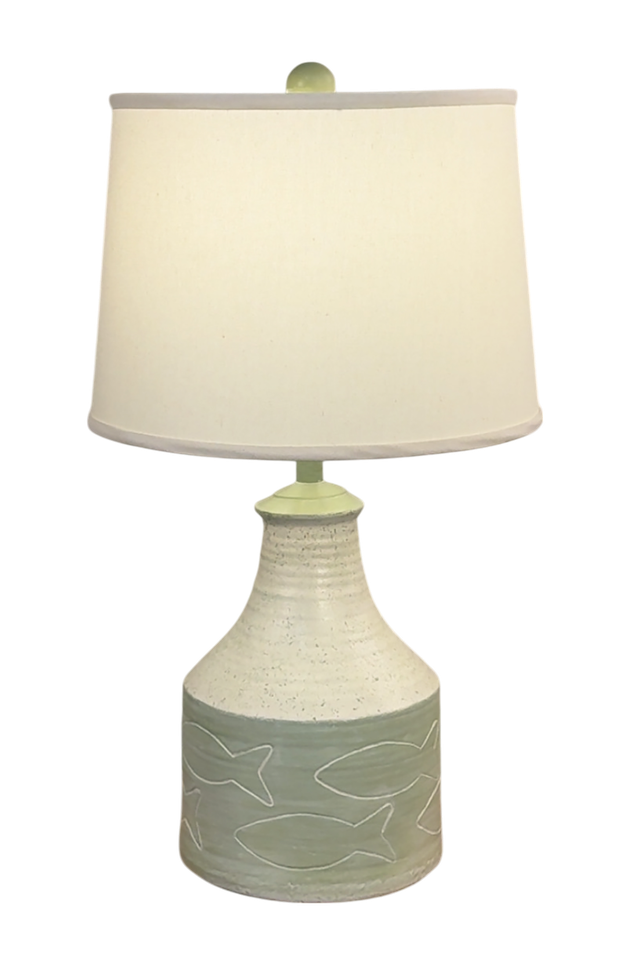 Coast Lamp Manufacturing 25" Seagrass/Spindrift Wide Clay Jug With Etched Fish