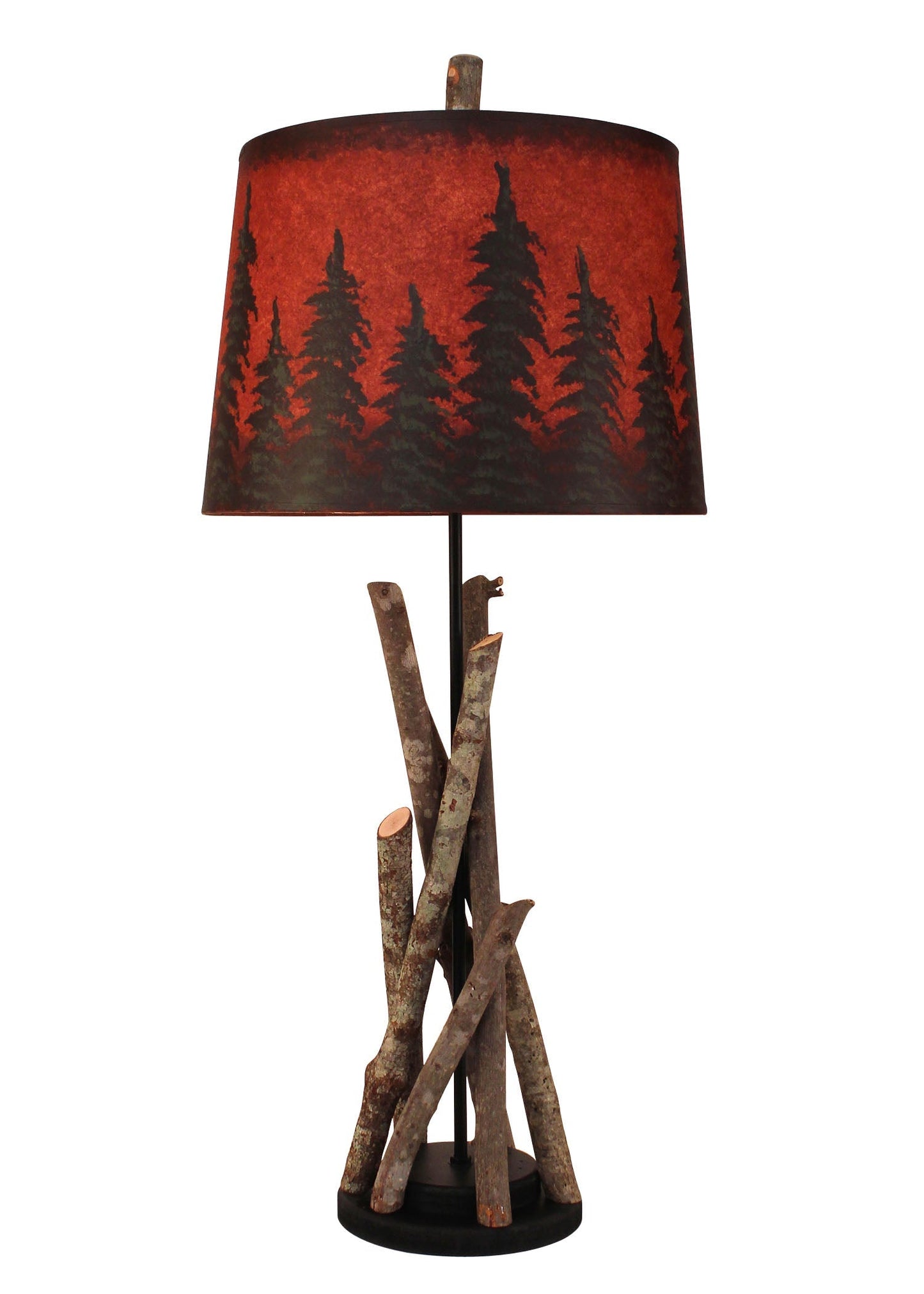 Coast Lamp Manufacturing 31"H Black Stick Table Lamp With Round Wooden Base & Red Pine Tree Grove Shade