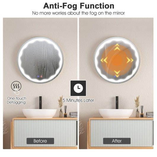Costway 24" Round Wall Mirror with 3-Color LED Lights and Smart Touch Button