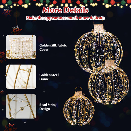 Costway 3 Pack Golden Christmas LED Light Balls with Cable Ties and 6 Stakes