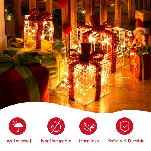 Costway 3 Pieces Christmas Lighted Gift Boxes Decorations with 60 LED Lights for Indoor and Outdoor