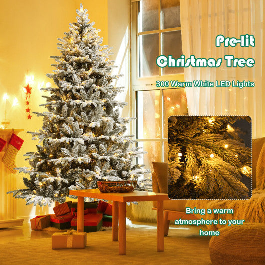 Costway 7' Pre-Lit Snow Flocked Hinged Artificial Christmas Tree with 300 LED Lights