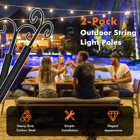 Costway 8' String Light Poles 2 Pack Outdoor Metal Poles with Top Arc Hook and 5-Prong Base