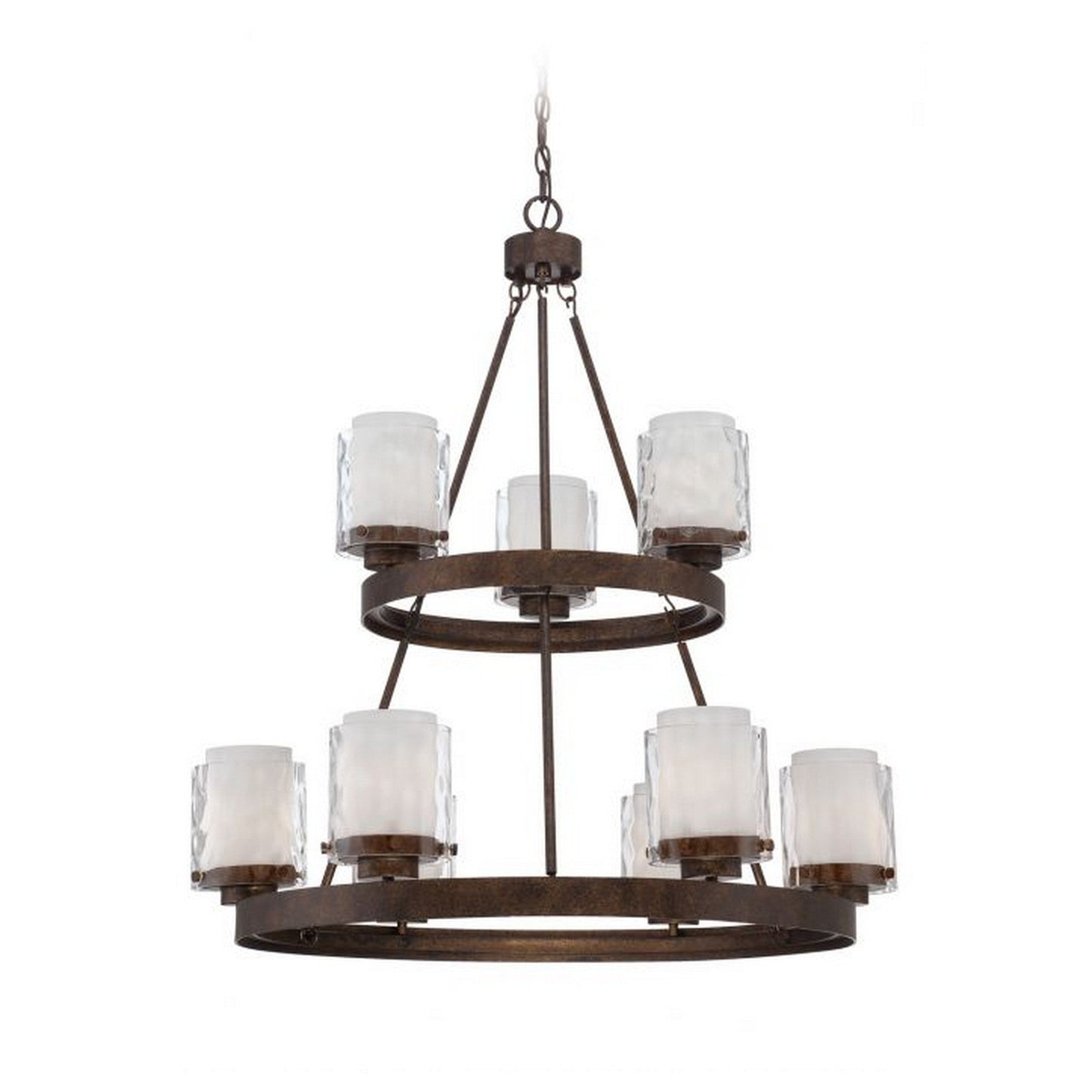 Craftmade Kenswick 32" 9-Light 2-Tier Peruvian Bronze Chandelier With Clear Outer and White Inner Glass Shades